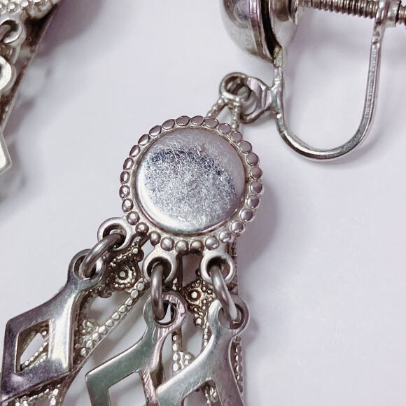 Vintage 1950s Silver Tone Filigree Chandelier Screw Back Earrings Mid Century - Picture 4 of 9